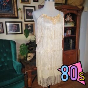Vintage 1980s Flirtations Alfred Angelo Ivory Fringe Flapper Dress Size Small